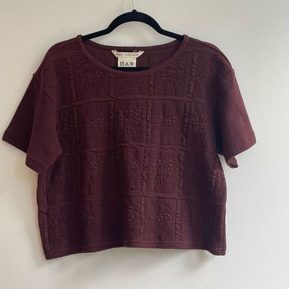 Vintage Max Studio 100% Cotton Boxy Raisin Colored Crop Top - Picture 1 of 5